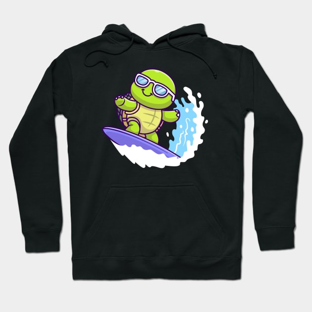 Cute Turtle Surfing In Sea Cartoon Hoodie by Catalyst Labs